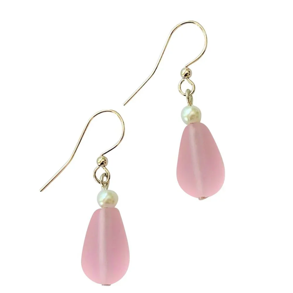 Sea Glass Earrings Pink Dangle with Pearls Women Girls Beach Jewelry Gift - Picture 4 of 7